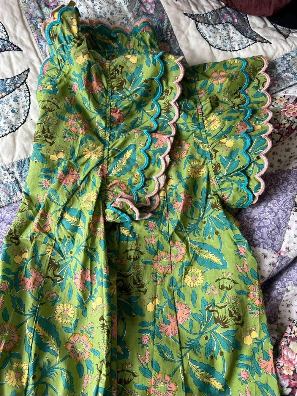 Umgee Green Floral Ruffled Trim Blouse with Pink & Teal Accents - Picture 3 of 6